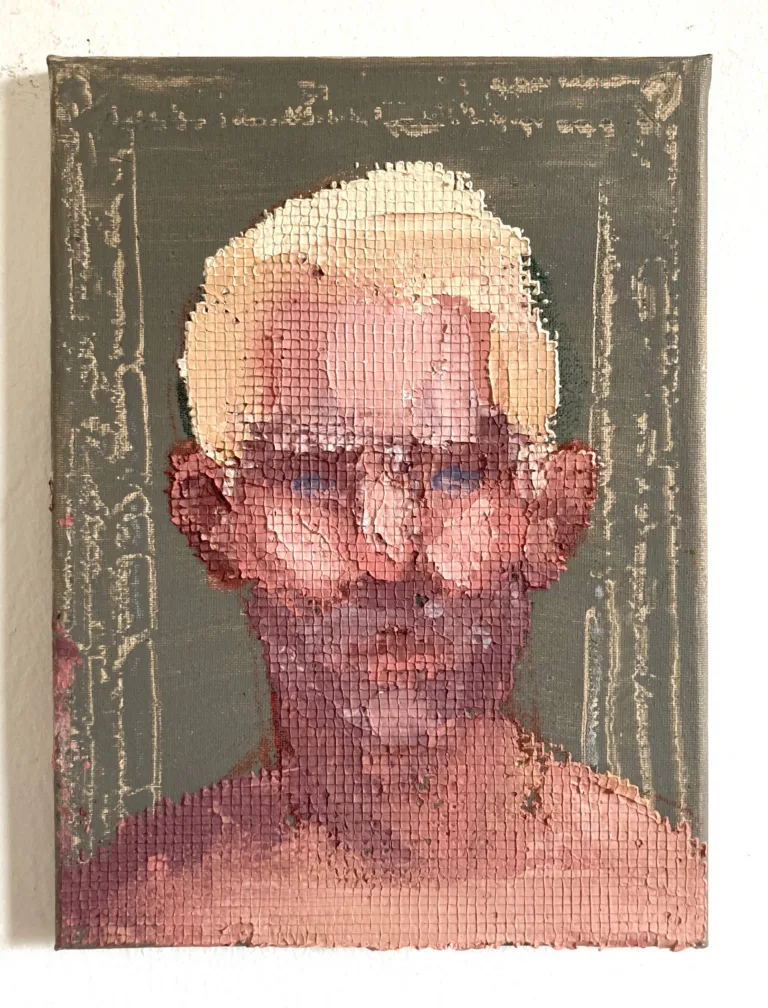 Physical Pixel Male Blond Blue Eyes — painting; of a single figure; structured on a grid; in oil on canvas