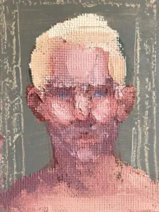 Physical Pixel Male Blond Blue Eyes — painting; of a single figure; structured on a grid; in oil on canvas — detail 1 of 2, close-up of surface texture