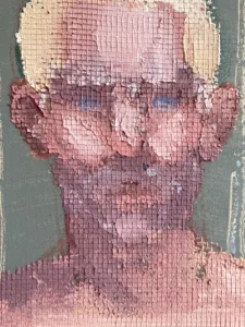 Physical Pixel Male Blond Blue Eyes — painting; of a single figure; structured on a grid; in oil on canvas — detail 2 of 2, close-up of surface texture