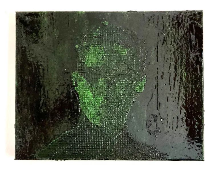Physical Pixel Portrait Neo Matrix — painting; structured on a grid; in oil on canvas; green and black tones
