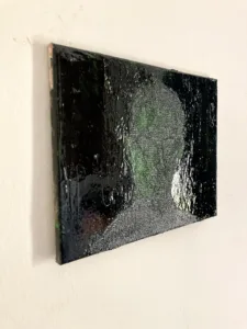 Physical Pixel Portrait Neo Matrix — painting; structured on a grid; in oil on canvas; green and black tones — detail 1 of 3, close-up of surface texture