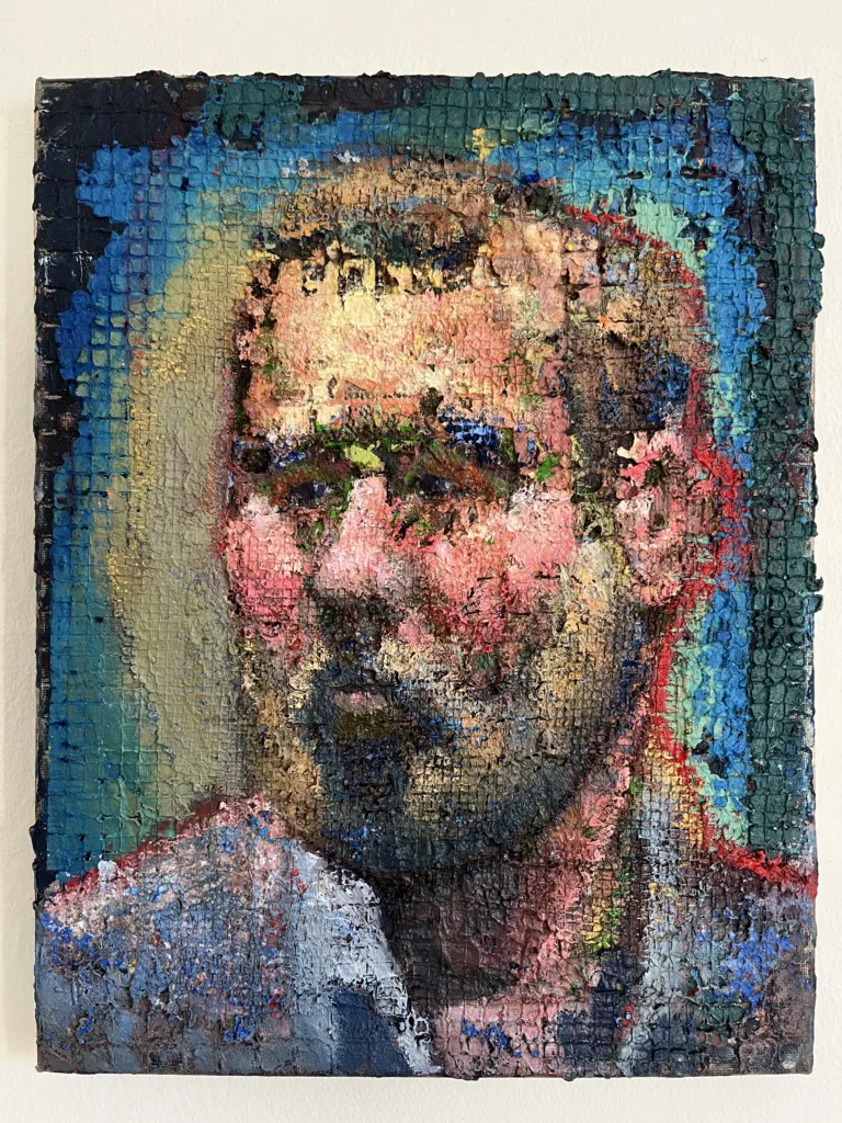 Physical Pixel Portrait Of Bearded Man With Red Cheeks — painting; structured on a grid; in oil on canvas