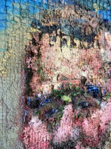 Physical Pixel Portrait Of Bearded Man With Red Cheeks — painting; structured on a grid; in oil on canvas — detail 1 of 3, close-up of surface texture