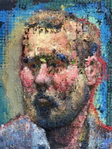 Physical Pixel Portrait Of Bearded Man With Red Cheeks — painting; structured on a grid; in oil on canvas — detail 2 of 3, close-up of surface texture