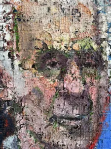 Physical Pixel Portrait Of Man With White Hair — painting; structured on a grid; in oil on canvas; red and blue tones — detail 2 of 5, close-up of surface texture