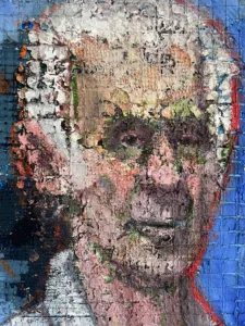 Physical Pixel Portrait Of Man With White Hair — painting; structured on a grid; in oil on canvas; red and blue tones — detail 3 of 5, close-up of surface texture