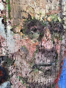 Physical Pixel Portrait Of Man With White Hair — painting; structured on a grid; in oil on canvas; red and blue tones — detail 4 of 5, close-up of surface texture
