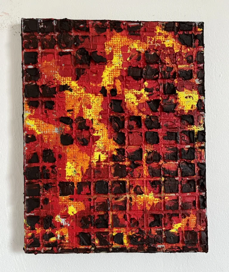 Physical Pixel Tactile Fire — painting; structured on a grid; in oil on canvas; black, orange and red tones