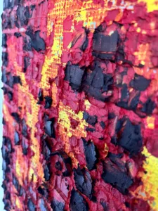 Physical Pixel Tactile Fire — painting; structured on a grid; in oil on canvas; black, orange and red tones — detail 2 of 3, close-up of surface texture