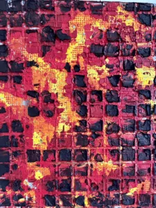 Physical Pixel Tactile Fire — painting; structured on a grid; in oil on canvas; black, orange and red tones — detail 3 of 3, close-up of surface texture