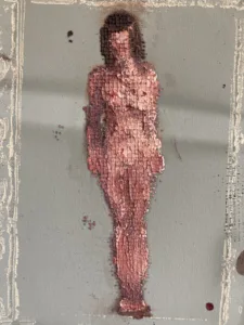 Physical Pixel Tactile Nude Female Figure — painting; structured on a grid; in oil on canvas; pink, brown and gray tones — detail 2 of 2, close-up of surface texture