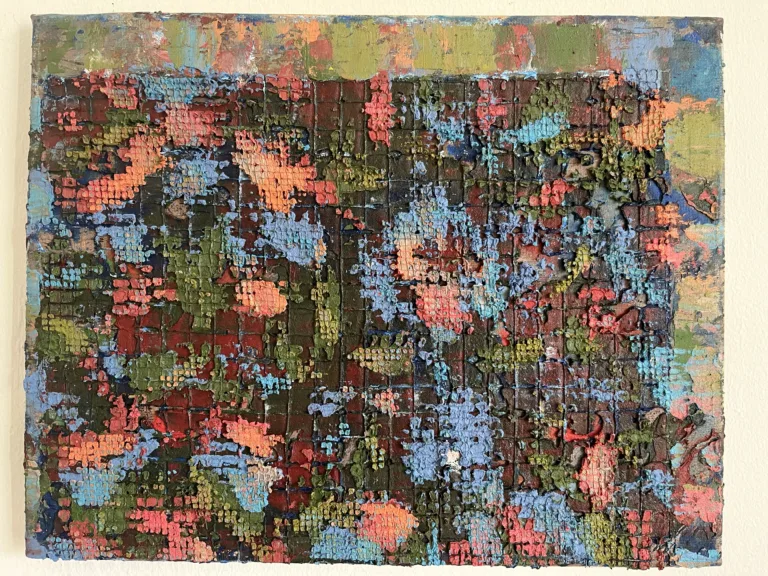 Physical Pixel William Morris Pattern — painting; built up in heavy, tactile impasto; in oil on canvas