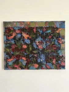 Physical Pixel William Morris Pattern — painting; built up in heavy, tactile impasto; in oil on canvas — detail 1 of 3, close-up of surface texture