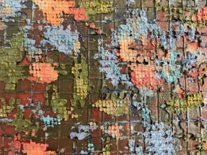 Physical Pixel William Morris Pattern — painting; built up in heavy, tactile impasto; in oil on canvas — detail 3 of 3, close-up of surface texture