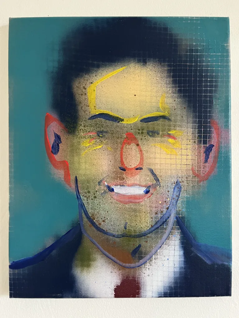 Pixel Portrait Smiling Male Politician — painting; structured on a grid; in acrylic on canvas