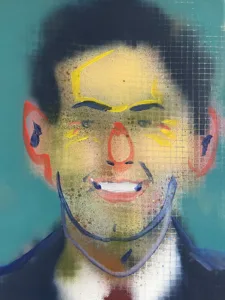Pixel Portrait Smiling Male Politician — painting; structured on a grid; in acrylic on canvas — detail, close-up of surface texture