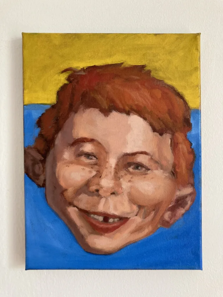 Portrait Alfred E Neuman — painting; in oil on canvas; orange, yellow, blue and brown tones