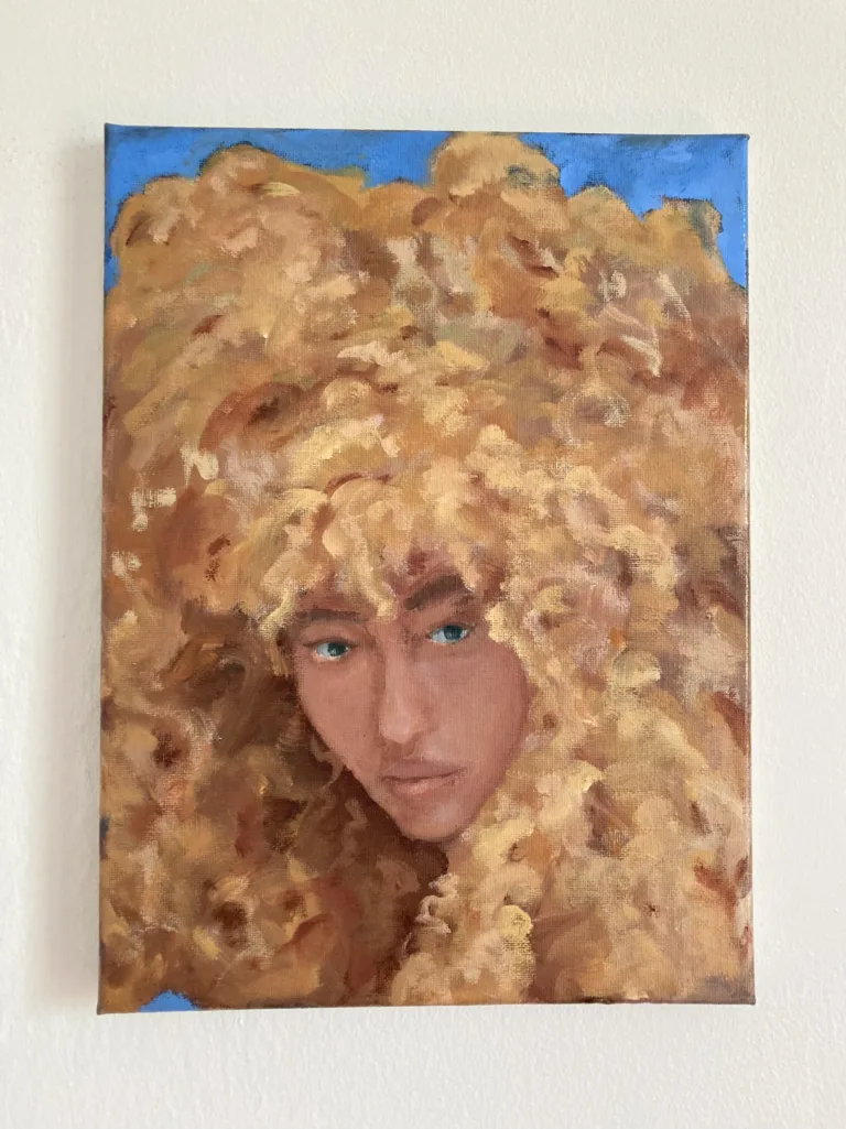 Portrait Female Big Hair — painting; in oil on canvas; yellow and brown tones