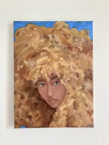 Portrait Female Big Hair — painting; in oil on canvas; yellow and brown tones — detail, close-up of surface texture