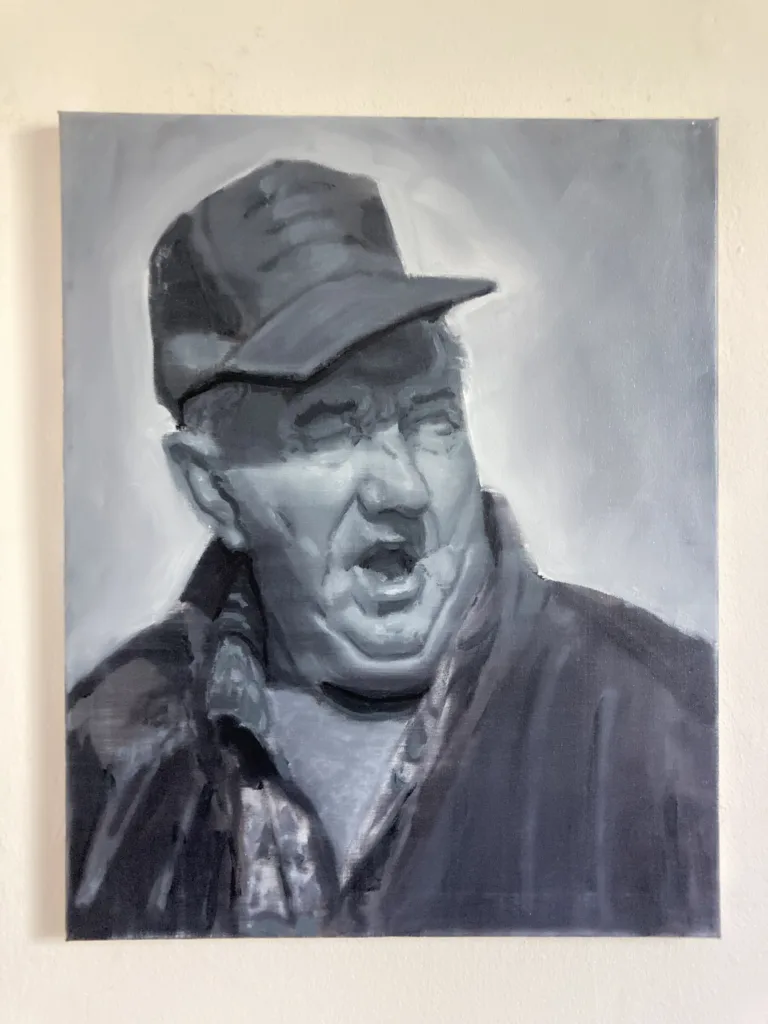 Portrait Of A Farmer In Grayscale — painting; in oil on canvas; monochrome tones