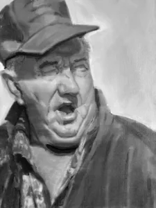 Portrait Of A Farmer In Grayscale — painting; in oil on canvas; monochrome tones — detail, close-up of surface texture