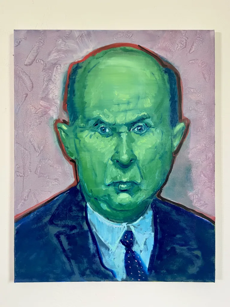 Portrait Of A Green Man With Pink Background — painting; in oil on canvas; blue tones