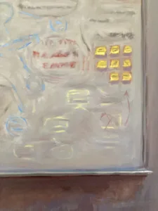 Portrait Of A Green Man With Pink Background — painting; in oil on canvas; blue tones — detail, close-up of surface texture