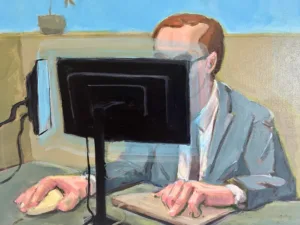 Portrait Of An Analyst — painting; in acrylic on canvas; yellow, blue, brown and black tones — detail, close-up of surface texture