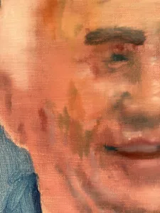 Portrait Of Ernest Borgnine — painting; in oil on canvas; blue and pink tones — detail 1 of 2, close-up of surface texture