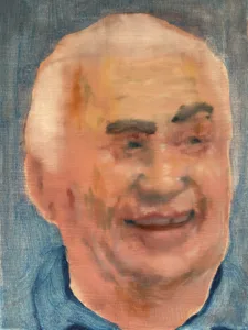 Portrait Of Ernest Borgnine — painting; in oil on canvas; blue and pink tones — detail 2 of 2, close-up of surface texture
