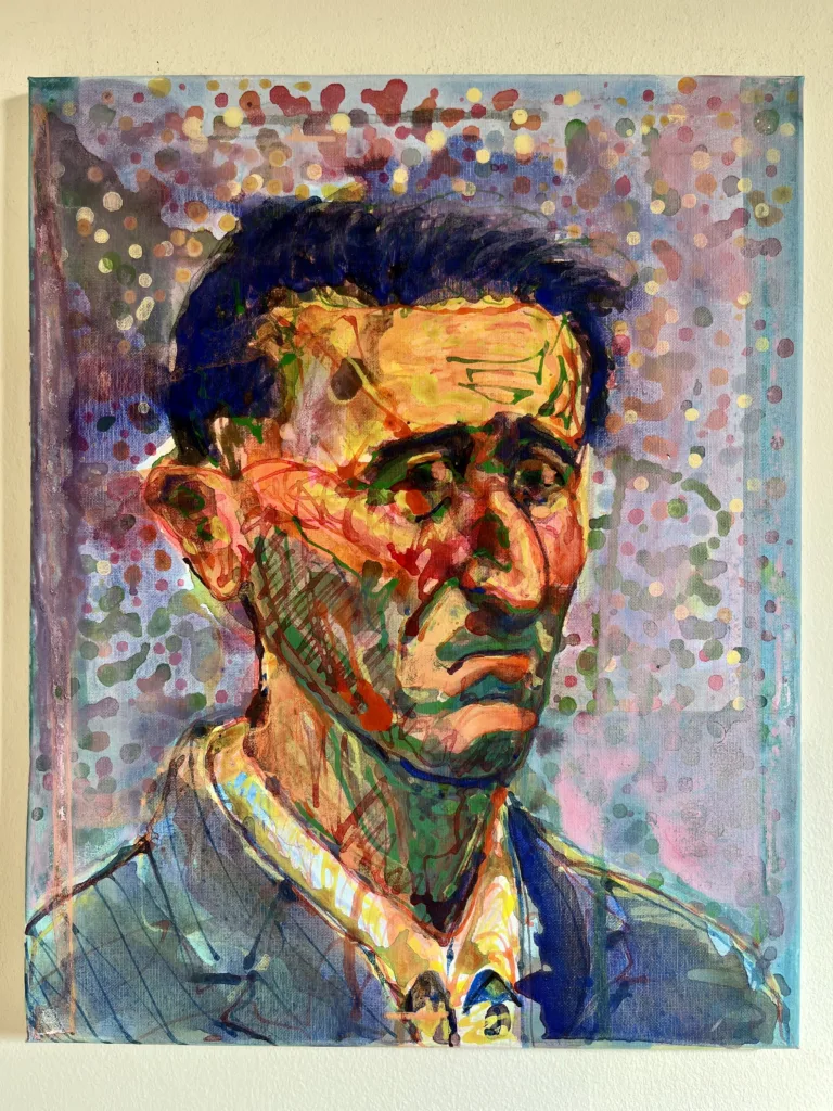 Portrait Of Frowning Man In Blue Jacket Via Eyedropper — painting; in acrylic on canvas; red, orange and purple tones