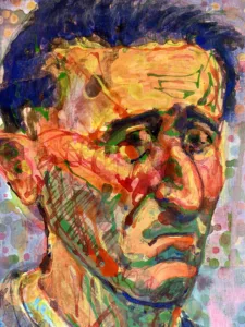 Portrait Of Frowning Man In Blue Jacket Via Eyedropper — painting; in acrylic on canvas; red, orange and purple tones — detail 1 of 2, close-up of surface texture