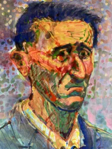 Portrait Of Frowning Man In Blue Jacket Via Eyedropper — painting; in acrylic on canvas; red, orange and purple tones — detail 2 of 2, close-up of surface texture