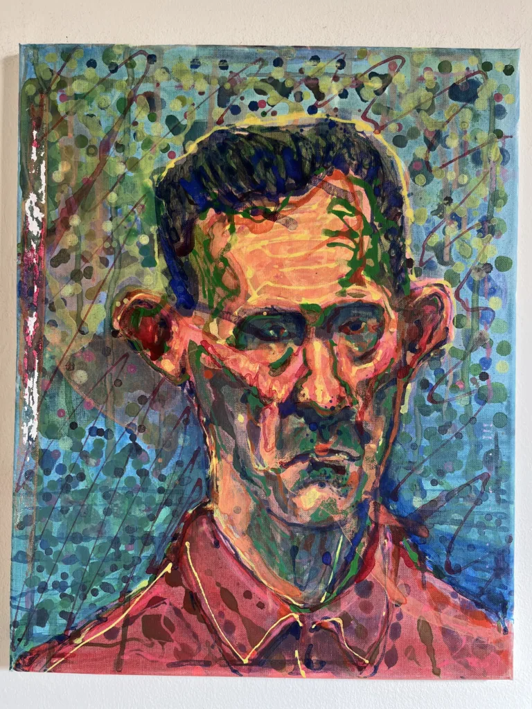 Portrait Of Frowning Man In Red Shirt Via Eyedropper — painting; in acrylic on canvas; orange and blue tones