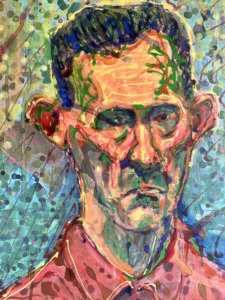 Portrait Of Frowning Man In Red Shirt Via Eyedropper — painting; in acrylic on canvas; orange and blue tones — detail 1 of 4, close-up of surface texture