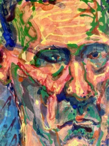 Portrait Of Frowning Man In Red Shirt Via Eyedropper — painting; in acrylic on canvas; orange and blue tones — detail 2 of 4, close-up of surface texture