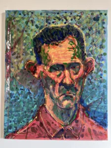 Portrait Of Frowning Man In Red Shirt Via Eyedropper — painting; in acrylic on canvas; orange and blue tones — detail 3 of 4, close-up of surface texture