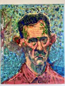 Portrait Of Frowning Man In Red Shirt Via Eyedropper — painting; in acrylic on canvas; orange and blue tones — detail 4 of 4, close-up of surface texture