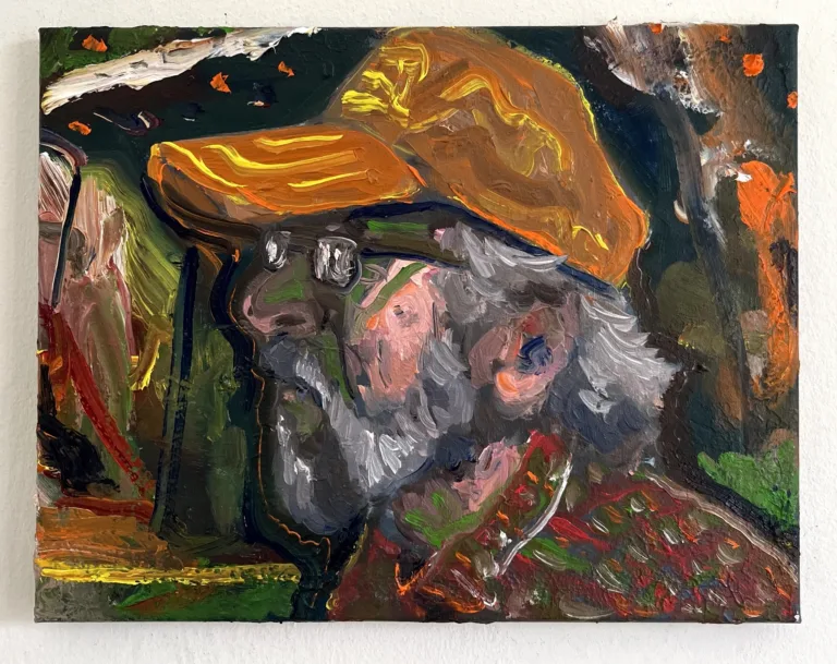 Portrait Of Gray Bearded Man In Orange Hat Study Of Earths World — painting; in oil on canvas; black and brown tones