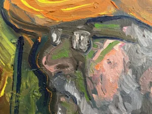 Portrait Of Gray Bearded Man In Orange Hat Study Of Earths World — painting; in oil on canvas; black and brown tones — detail, close-up of surface texture