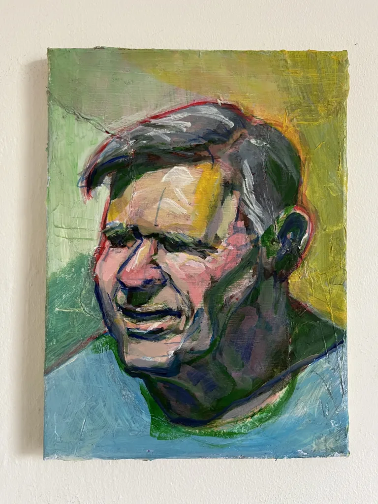 Portrait Of Gray Haired Man In Blue Shirt Study Of Earths World — painting; in acrylic on canvas