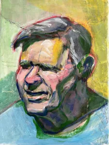 Portrait Of Gray Haired Man In Blue Shirt Study Of Earths World — painting; in acrylic on canvas — detail, close-up of surface texture
