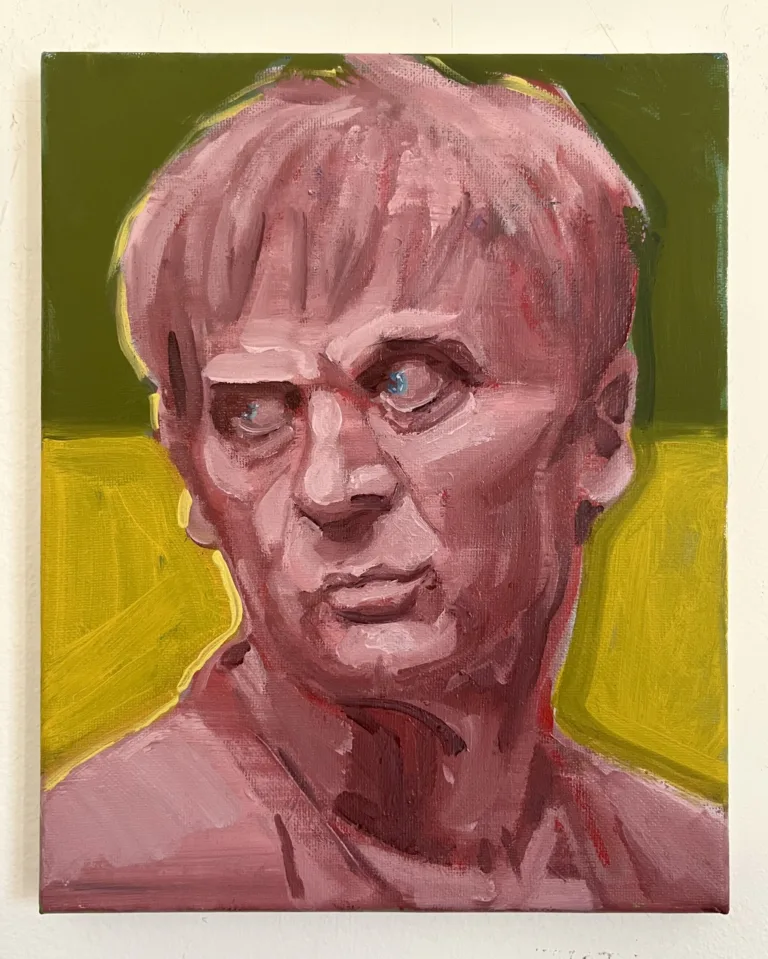 Portrait Of Klaus Kinski In Pink — painting; in oil on canvas; yellow and green tones