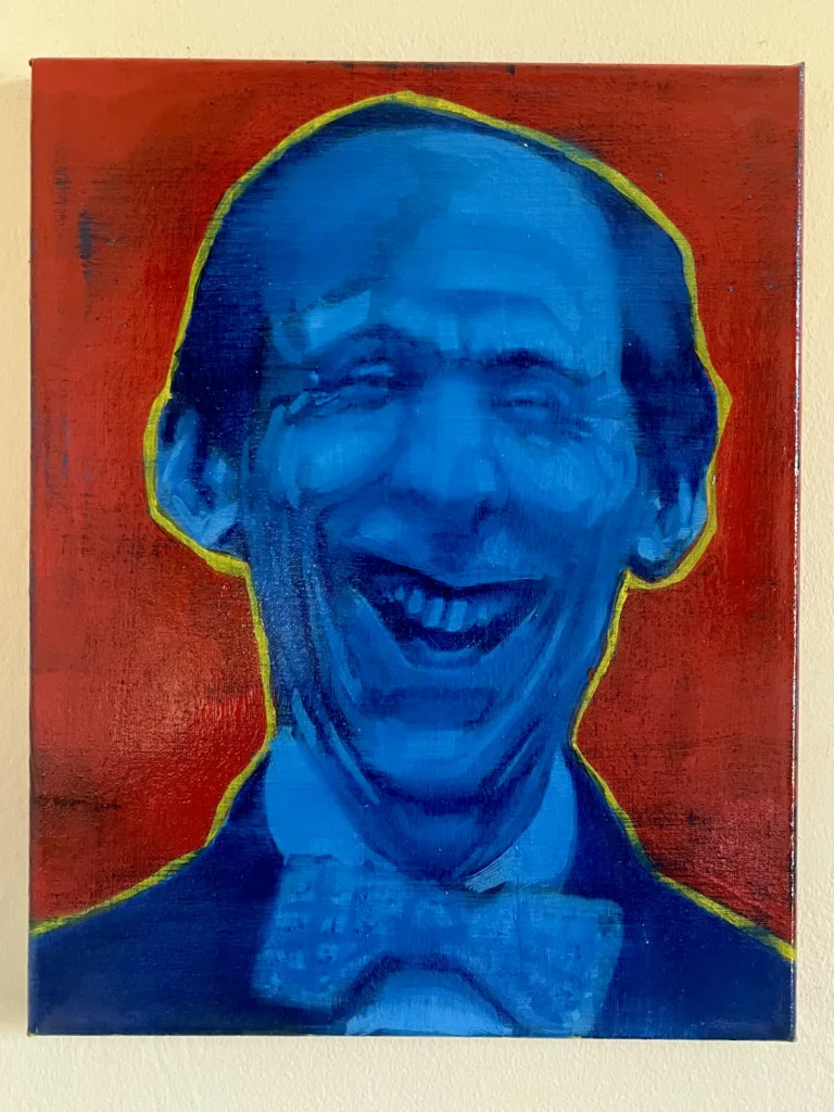 Portrait Of Laughing Man In Blue With Red Background — painting; in oil on canvas