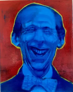 Portrait Of Laughing Man In Blue With Red Background — painting; in oil on canvas — detail, close-up of surface texture