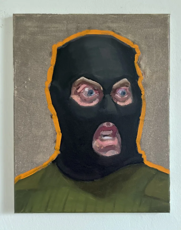 Portrait Of Man In Balaclava — painting; in oil on canvas; orange, green, brown and black tones