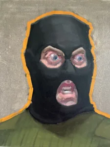 Portrait Of Man In Balaclava — painting; in oil on canvas; orange, green, brown and black tones — detail, close-up of surface texture