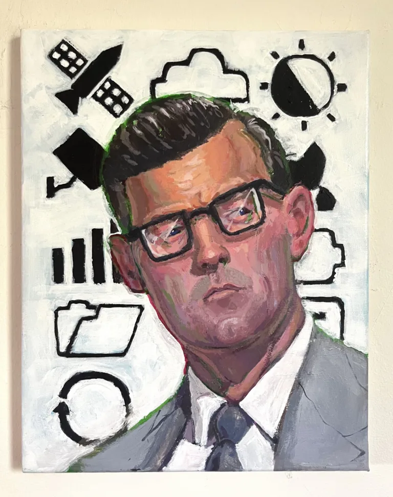 Portrait Of Man In Front Of Espionage Iconography — painting; in acrylic on canvas; pink, black, gray and white tones