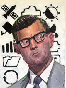 Portrait Of Man In Front Of Espionage Iconography — painting; in acrylic on canvas; pink, black, gray and white tones — detail, close-up of surface texture