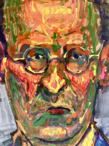 Portrait Of Man In Glasses Via Eye Dropper — painting; applied by eyedropper; in acrylic on canvas; brown and orange tones — detail 1 of 2, close-up of surface texture